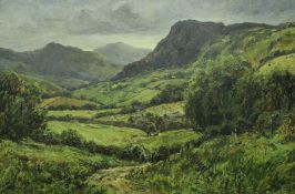 J ROBINSON (20TH CENTURY) "Nant Ffroncon Pass" with dwellings on a path and figure in foreground,