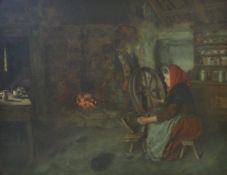 FREDERICK STRAD (1863-1940) "Woman spinning before an open inglenook fire", oil on canvas,