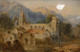 WILLIAM CROUCH (1817-1840) "Monastery ruins with figures in foreground", watercolour, unsigned,