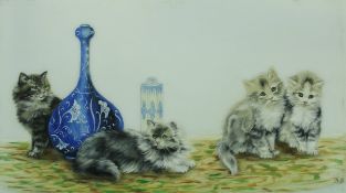 BESSIE BAMBER (active Circa 1900-1910) "Four kittens and vases", gouache on milk glass panel,