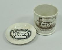 A 19th Century child's brown transfer decorated mug "dog & pheasant",