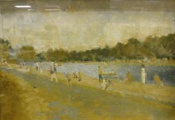 ANN SHRAGER, "View of Serpentine" with figures, oil on canvas, unsigned,