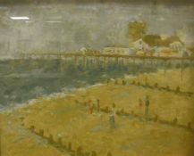 ANN SHRAGER "Beach scene with fiqures, a pier and buildings in the background", oil on canvas,