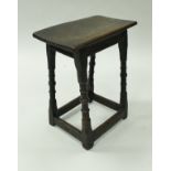 A 17th Century and later oak joint stool on slender turned and ringed legs,