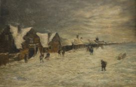 A FOLLOWER OF EDWARD SEAGO, "Costal landscape in winter sun with figures in snow", oil on canvas,