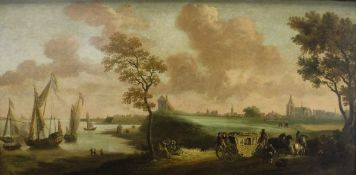 PETER TILLEMANS (1684-1734) "Gilded carriage and two approaching town with moored sailing vessels