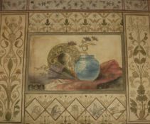 CIRCA 1900 ENGLISH SCHOOL Wall hanging on fabric "Vase charger and fan" within a floral and bird