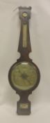 An early 19th Century mahogany cased banjo barometer with silvered dials and alcohol thermometer
