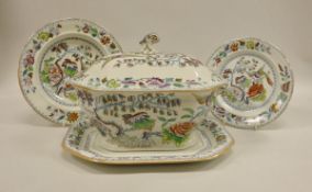 A collection of 19th Century Mason's Ironstone "Flying bird" pattern polychrome decorated