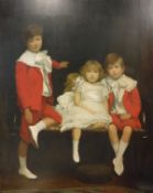 EARLY 20TH CENTURY ENGLISH SCHOOL "Three siblings upon a salon settee", oil on canvas, unsigned,