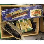 A box containing a collection of 00 gauge railwayana including a Hornby British Rail 062 tank