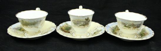 Three 19th Century Copeland and Garrett teacups each decorated with lake landscapes and castles