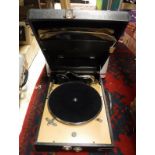 A Decca portable gramophone, a Decca 10 portable gramophone and an HMV plywood cased gramophone,