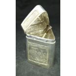 A circa 1900 Continental silver lidded box of triangular form decorated with panels of agricultural