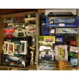 Two boxes containing various model cars including Burago, Alpha Romeo 2300 Spider 1932,