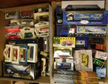 Two boxes containing various model cars including Burago, Alpha Romeo 2300 Spider 1932,