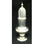 A George II silver sugar caster of baluster form with pierced domed cover (by James Wilkes,