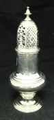 A George II silver sugar caster of baluster form with pierced domed cover (by James Wilkes,
