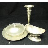 A glass butter dish with silver base and cover together with an oval pedestal salt,