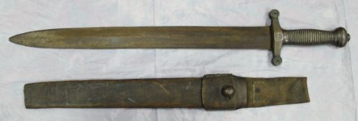 A 19th Century military Gladius sword with breass ribbed grip and hilt in leather scabbard