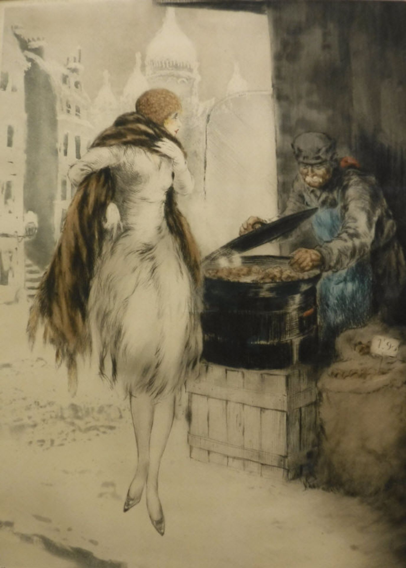 AFTER LOUIS ICART (1888-1950) "Montmartre - Le Marchand de Marrons", a woman in fur wrap,