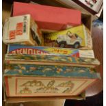 A box of various toys including Marx Hill-climbing jeep, boxed, Marx Hill-climbing wrecker truck,