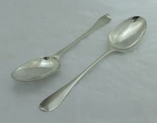 A pair of early 18th Century Provincial Scottish tablespoons "Hanover" pattern, "Rat Tail" to bowl,