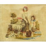 A embroidery depicting woman and child with sheep