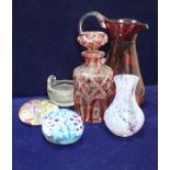 A collection of various glassware to include six various coloured glass paperweights,