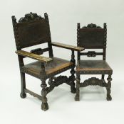 A set of eight late 19th Century walnut and embossed leather upholstered dining chairs in the 17th