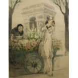 AFTER LOUIS ICART (1888-1950) "Arc de Triomphe", study of a lady with flower seller,