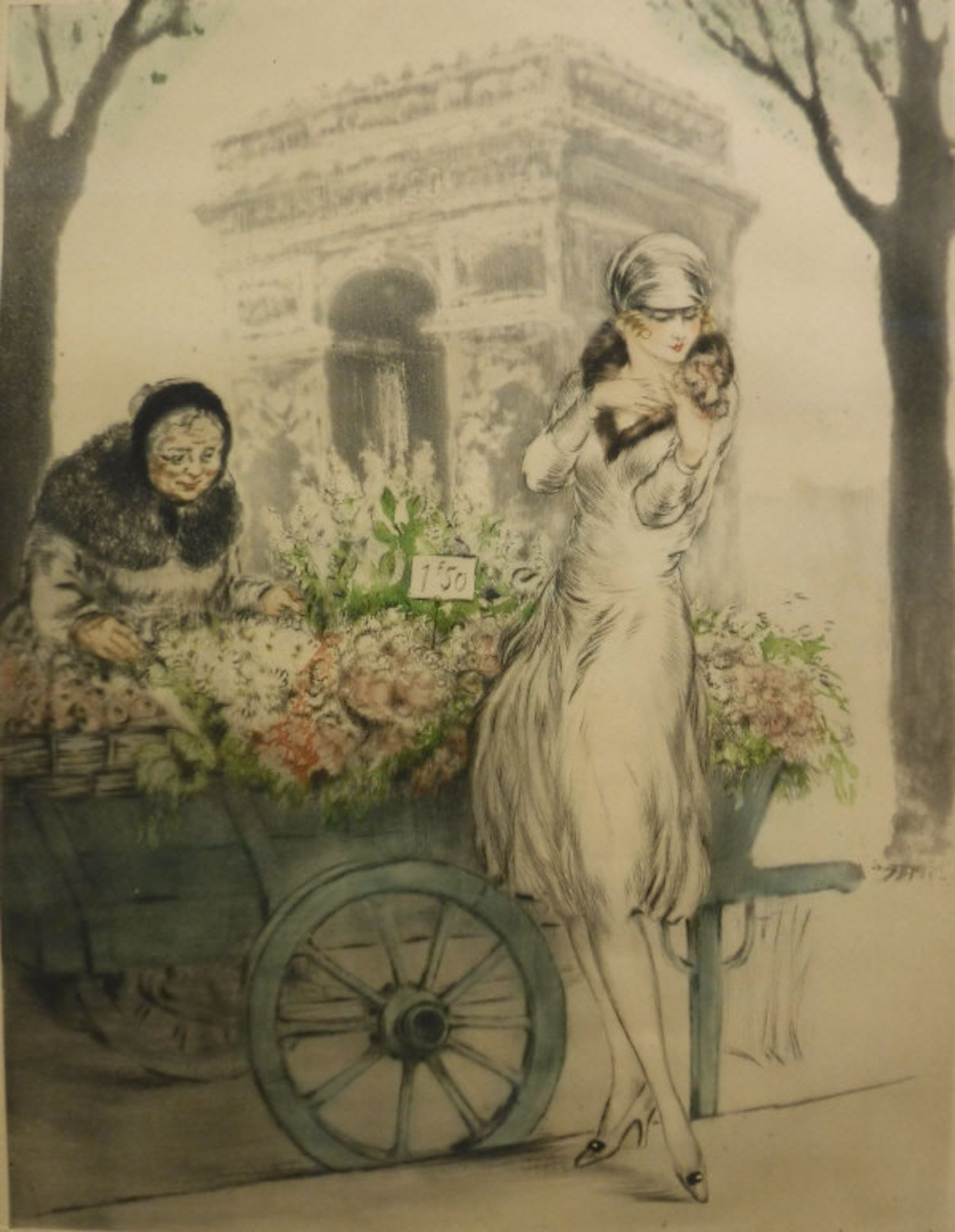 AFTER LOUIS ICART (1888-1950) "Arc de Triomphe", study of a lady with flower seller,