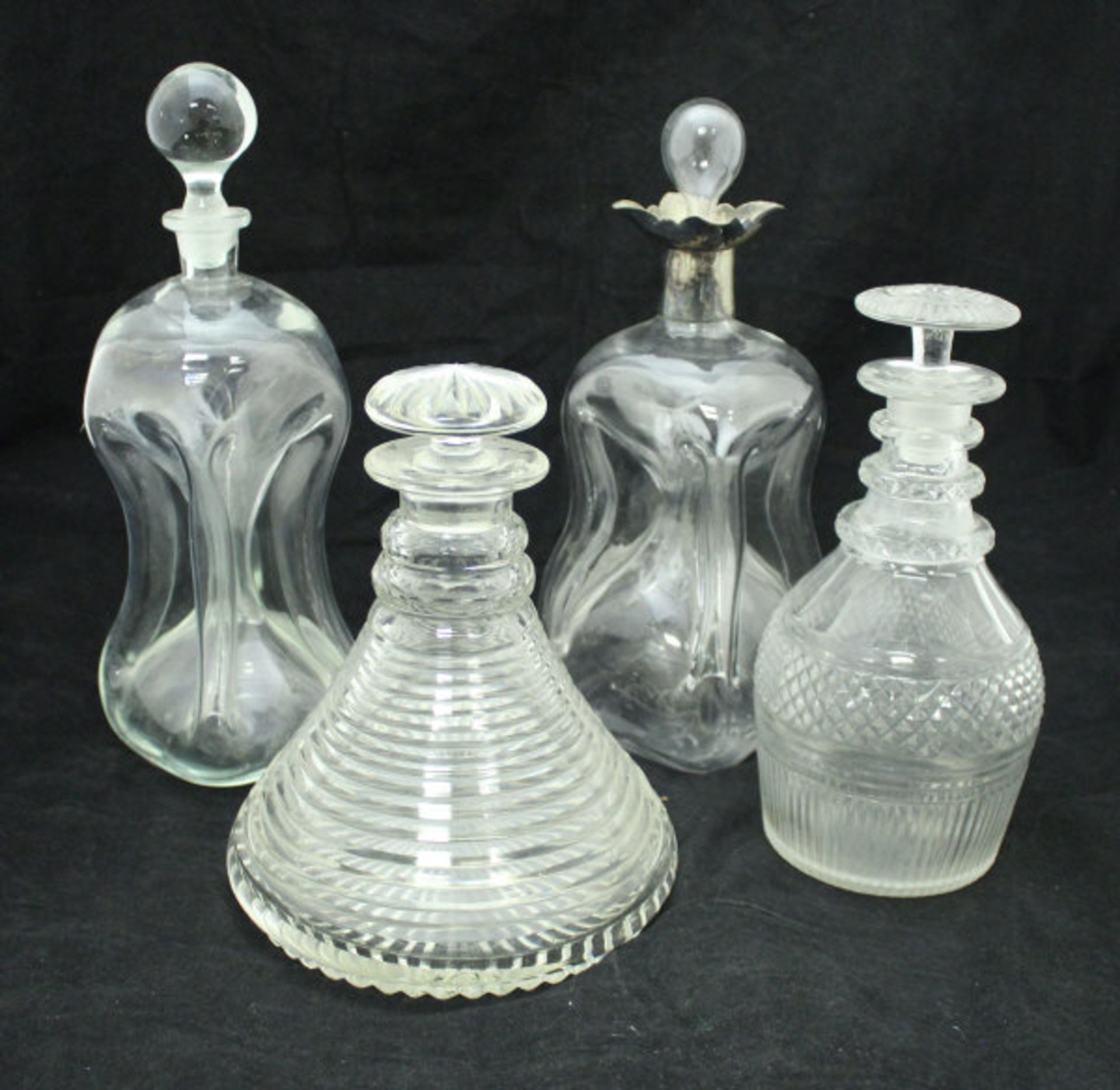 A 19th Century clear glass waisted decanter with plated rim, another waisted decanter, - Bild 2 aus 2