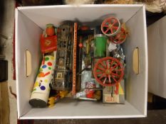 A box of various vintage toys to include Dinky Toys Spectrum Pursuit vehicle,