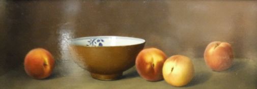 NADINE LUNDAHL (B1958), "Four peaches and a brown bowl on ledge", oil on panel, signed lower right,
