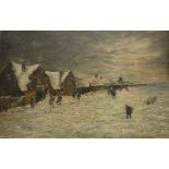 A FOLLOWER OF EDWARD SEAGO, "Costal landscape in winter sun with figures in snow", oil on canvas,