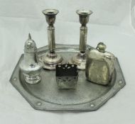 A quantity of various metalwares to include a pair of plated candlesticks, plated hip flask,