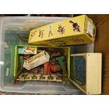 A collection of various vintage diecast toys including Dinky Supertoys Blaw Knox bulldozer,