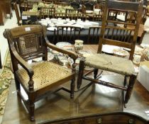 A 19th Century child's rosewood bar back elbow chair together with a 19th Century child's rush seat