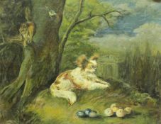 ENGLISH SCHOOL "A Spaniel, a monkey and blue tit in a tree" oil on board,