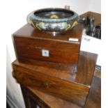 A rosewood jewellery box, a walnut jewellery box and a box of various pewter ware glass bottles,