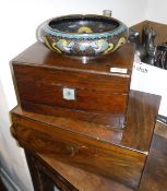 A rosewood jewellery box, a walnut jewellery box and a box of various pewter ware glass bottles,