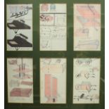 A set of five framed reproduction prints depicting furniture and machinery designs with plate