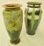 A Royal Doulton green ground vase decorated with flowers in relief by Lily Partington,