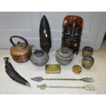 A box containing various middle eastern and other metalwares including copper, brass etc, Kukri,