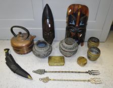 A box containing various middle eastern and other metalwares including copper, brass etc, Kukri,