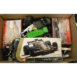 A box of various model vehicles including Corgi JPS Lotus formula 1 190,