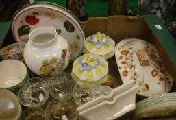 A box of various china and glassware to include Copeland Spode Chinese Rose tea cups and saucers