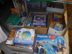 Four boxes of various childrens toys and games including "Ker.