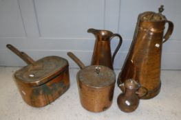 A collection of various mainly 19th Century copper wares to include large copper jugs, cooking pans,